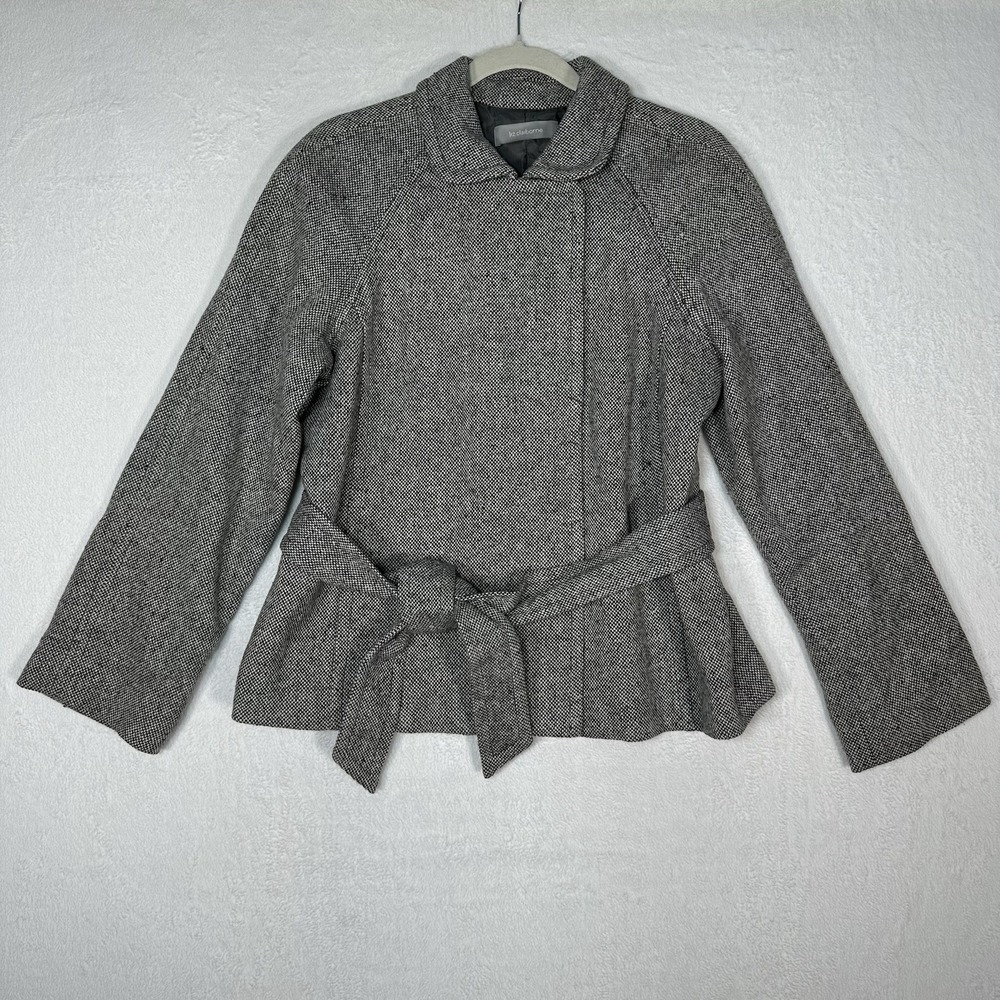 Liz Claiborne Tweed Jacket Wool Blend Belted Gray‎ Large Heritage Academia